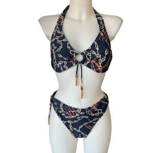 DRK & Co Swim Navy Blue Gold & Orange Halter Bikini Set Size 14